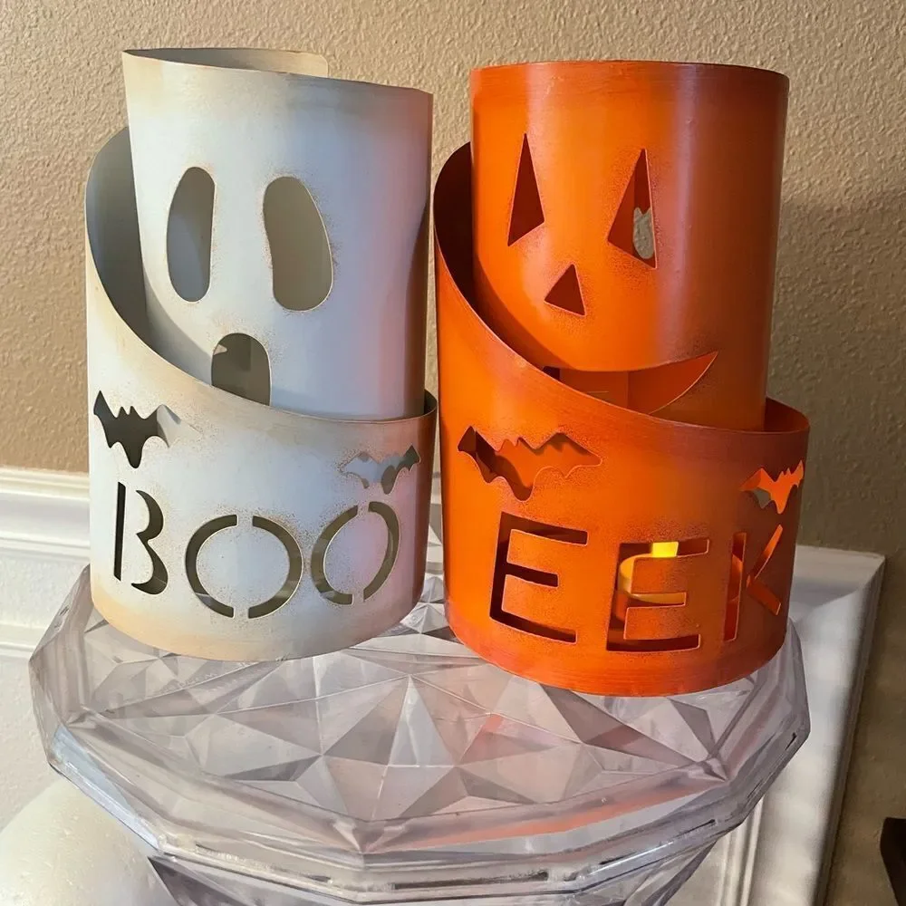 Glitzhome Set of 2 Pumpkin and Ghost Boo and Eek Metal Candle Holders